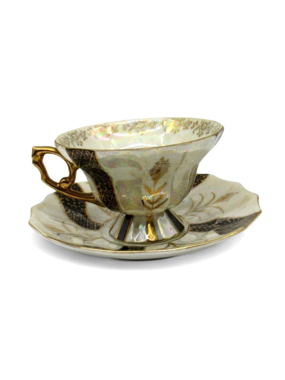 Tea Cup And Saucer With Gold Handle Black Floral Accents Japan Vintage